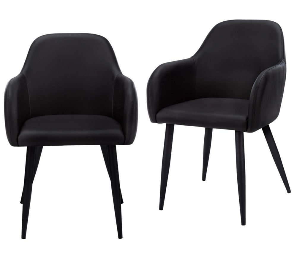Set of Two Black Upholstered Faux Leather Dining Arm Chairs