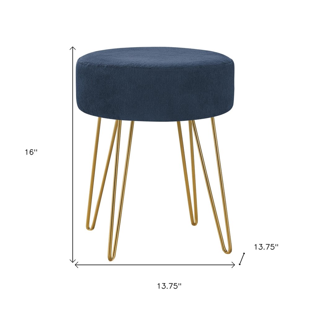 14" Blue and Gold Fabric Round Ottoman