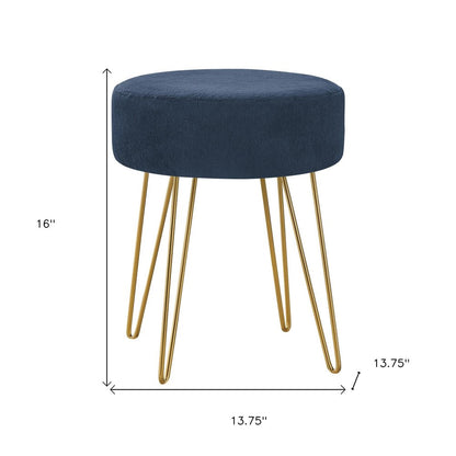 14" Blue and Gold Fabric Round Ottoman