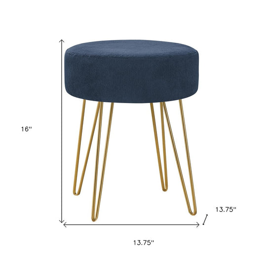 14" Blue and Gold Fabric Round Ottoman
