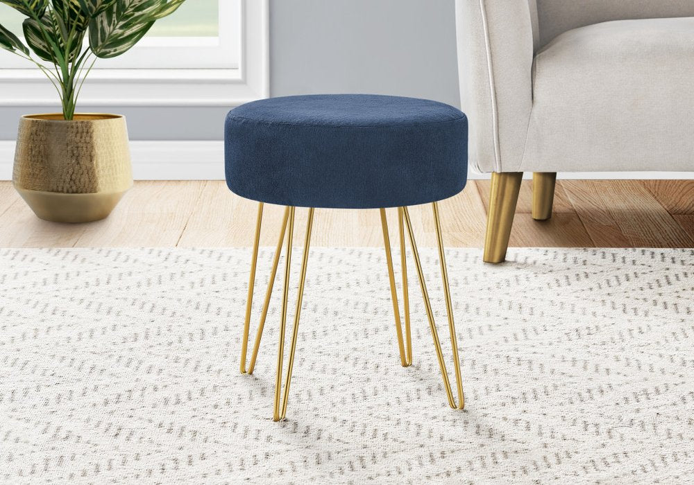 14" Blue and Gold Fabric Round Ottoman