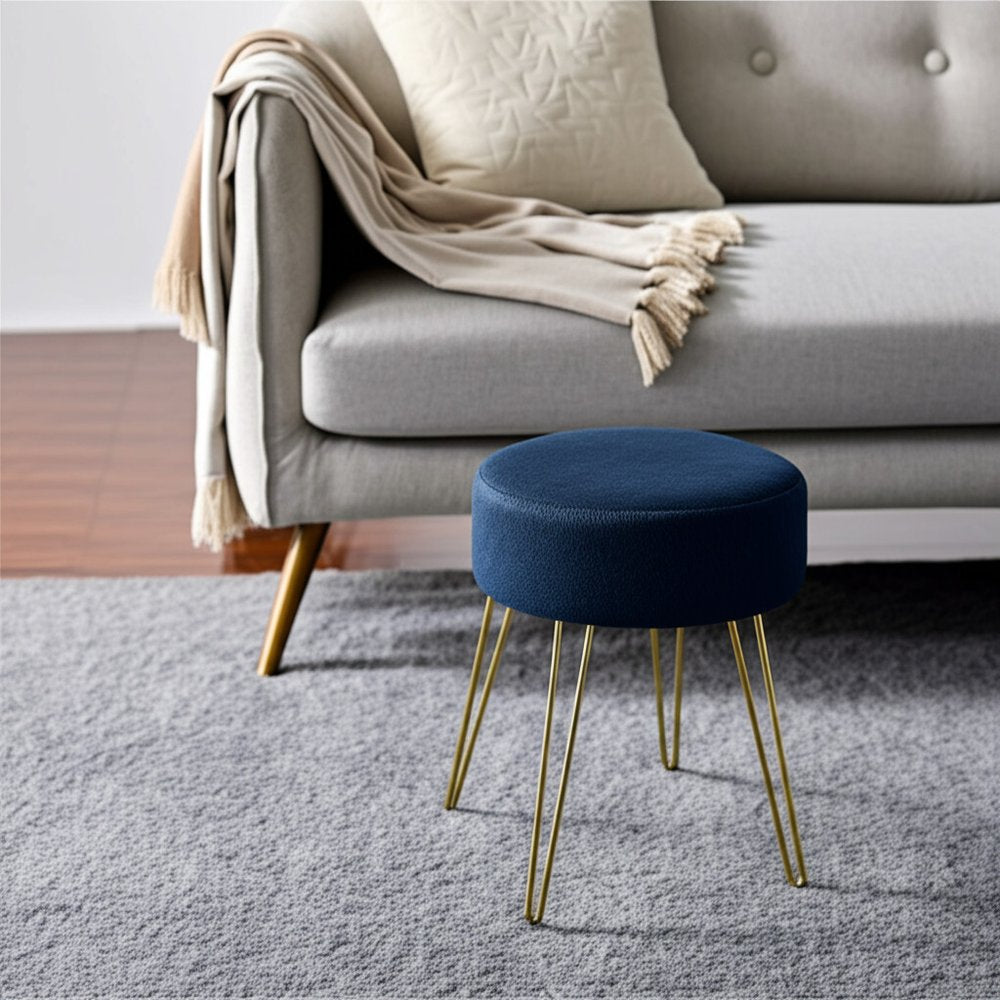 14" Blue and Gold Fabric Round Ottoman