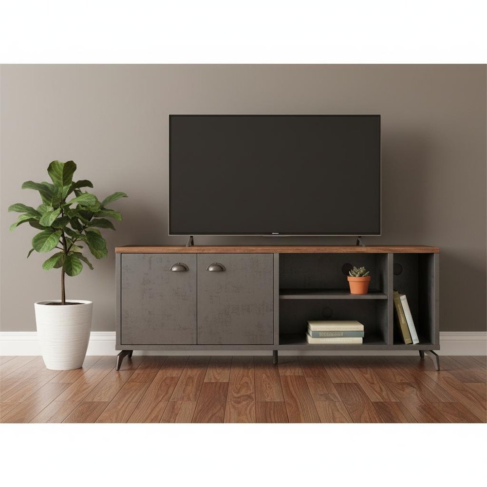 60" Brown And Gray Distressed Reclaimed Wood Enclosed and Open Storage TV Stand