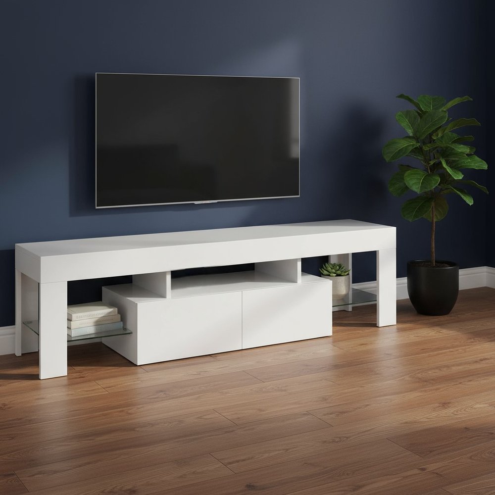 63" White Cabinet Enclosed Storage TV Stand