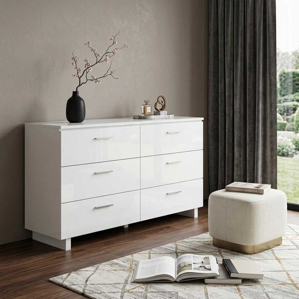 63" White Wood Six Drawer Double Dresser