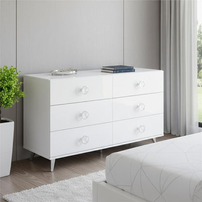 47" White Finish Manufactured Wood Six Drawer Double Dresser