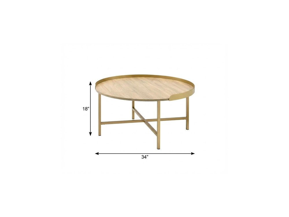 34" Oak and Gold Wood And Metal Round Sled Coffee Table