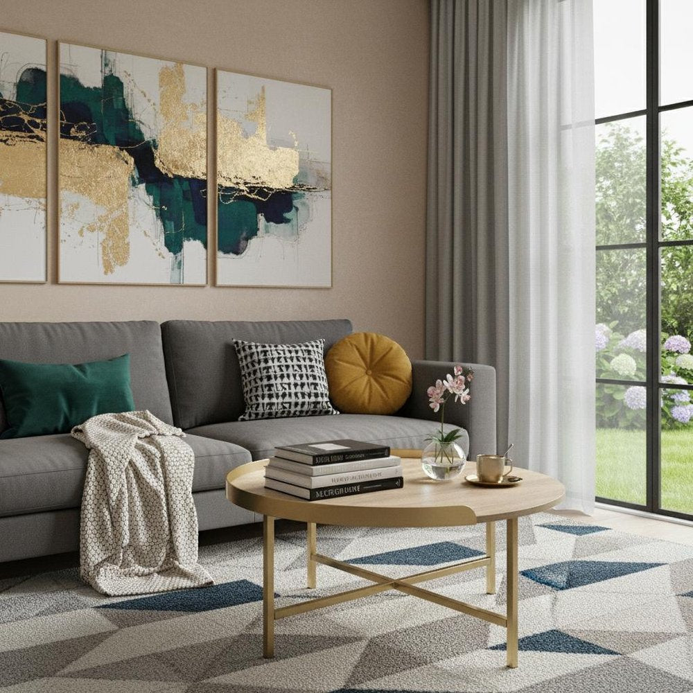 34" Oak and Gold Wood And Metal Round Sled Coffee Table