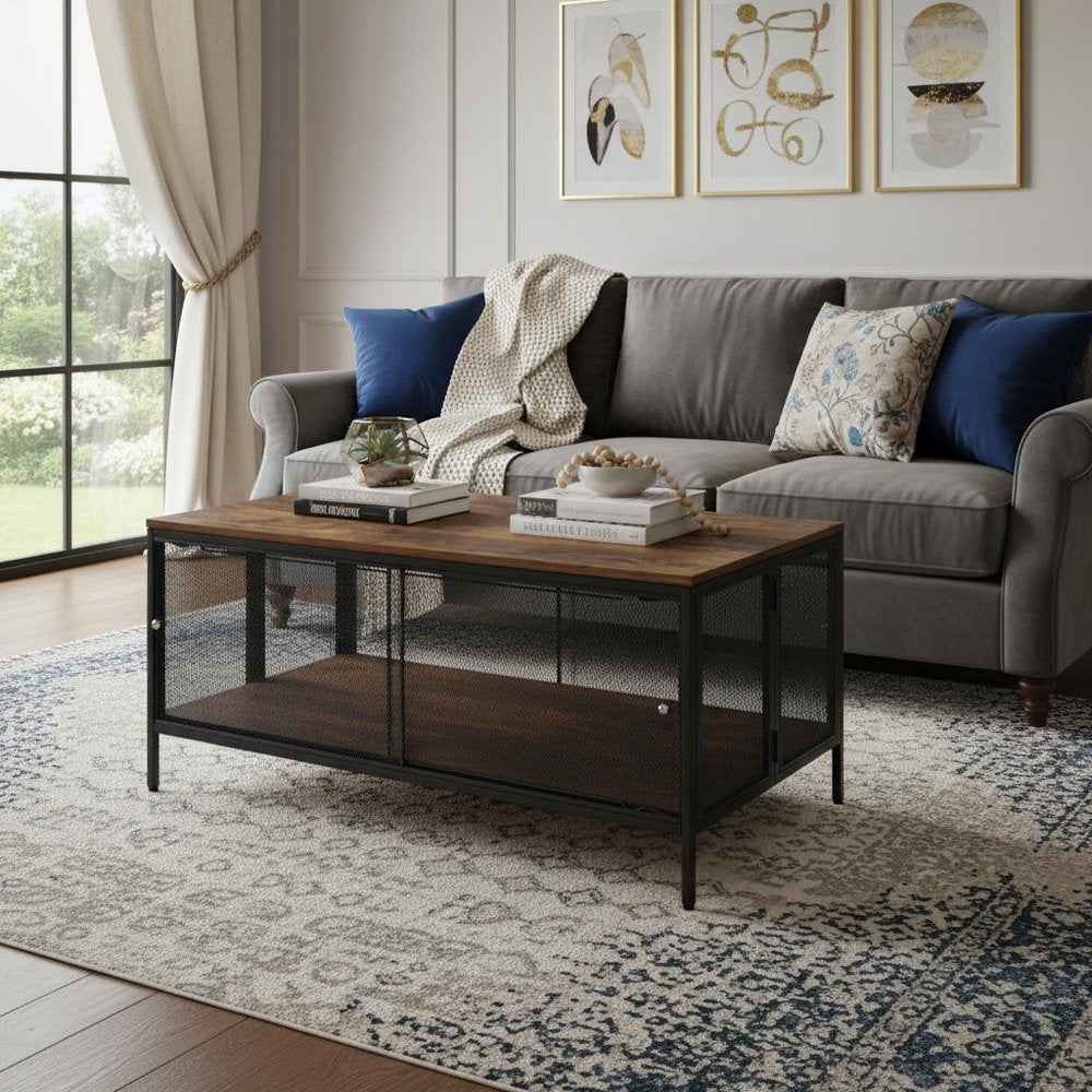 41" Brown and Black Wood And Metal Frame Coffee Table With Shelf