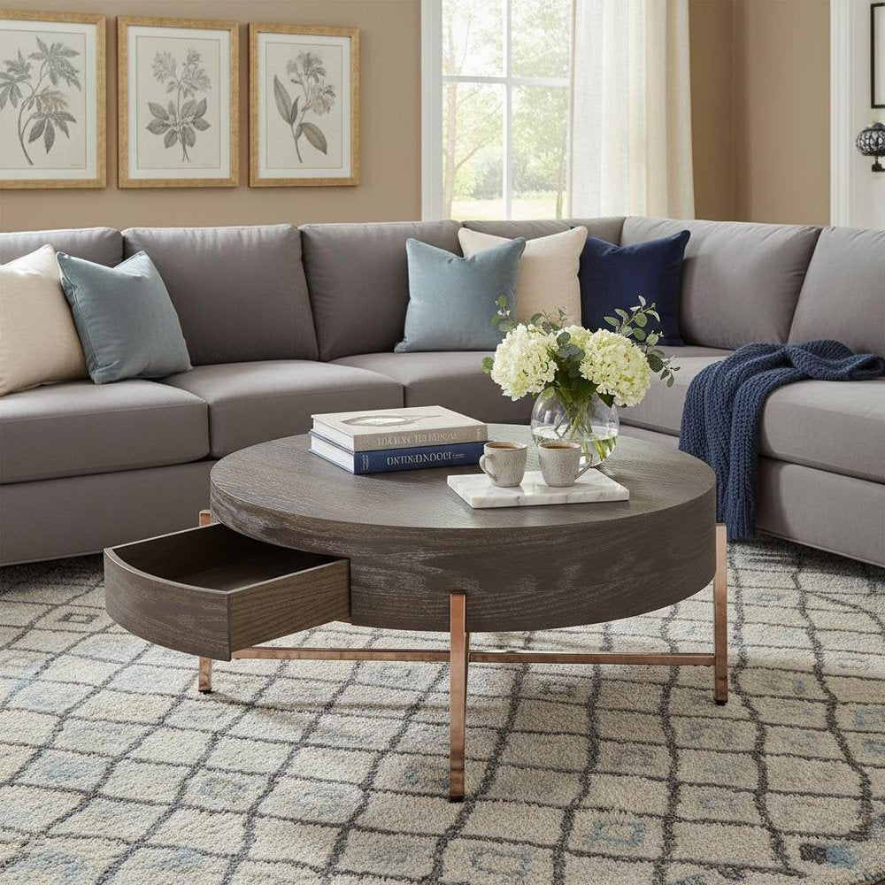 32" Dark Brown and Champagne Wood And Metal Round Sled Coffee Table With Drawer