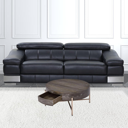 32" Dark Brown and Champagne Wood And Metal Round Sled Coffee Table With Drawer