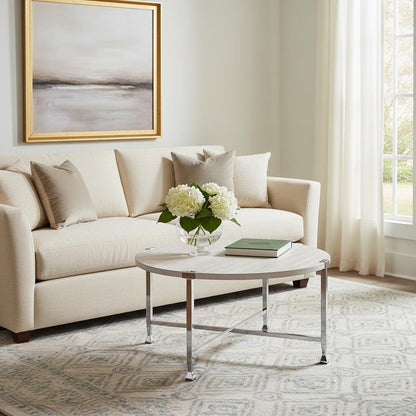 36" White and Silver Metal Round Cross Legs Coffee Table