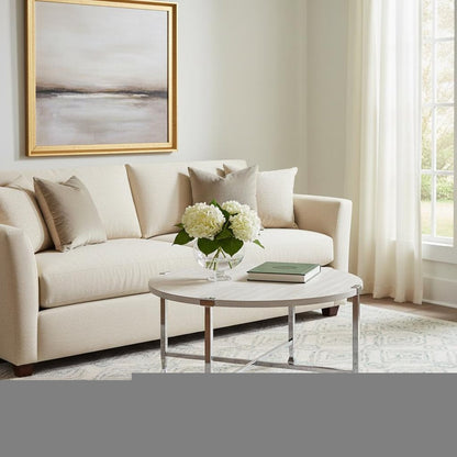 36" White and Silver Metal Round Cross Legs Coffee Table