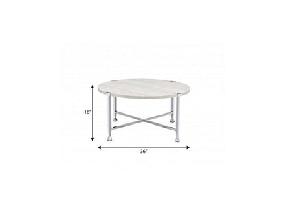 36" White and Silver Metal Round Cross Legs Coffee Table