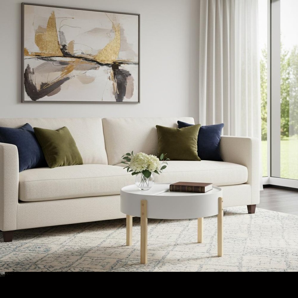 32" White and Natural Wood And Solid Wood Round Coffee Table