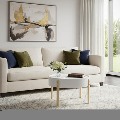 32" White and Natural Wood And Solid Wood Round Coffee Table