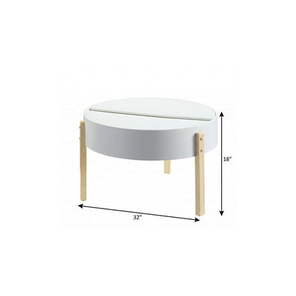 32" White and Natural Wood And Solid Wood Round Coffee Table