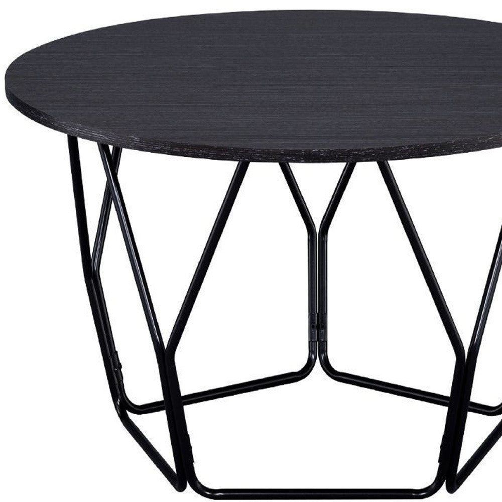 32" Espresso and Black Metal Round Abstract Coffee Table