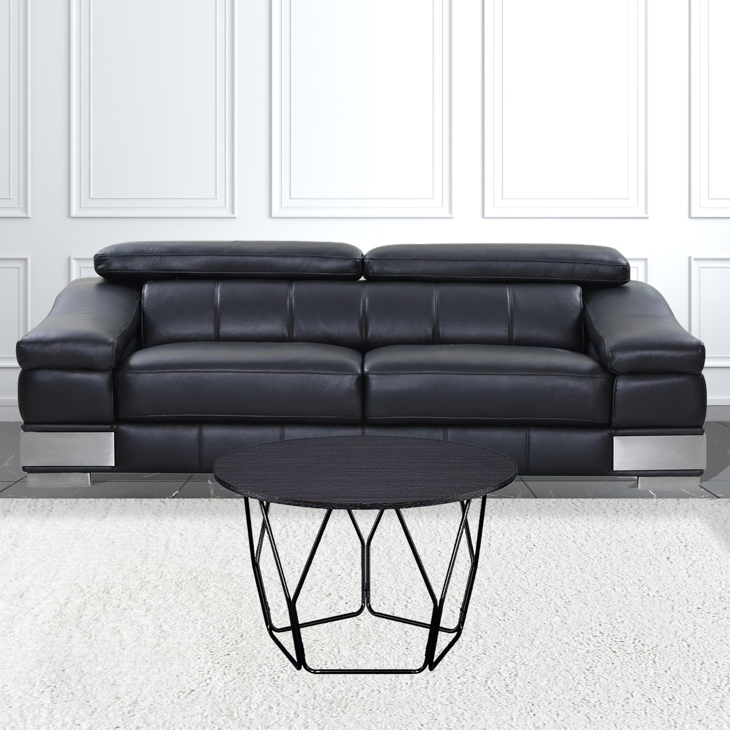 32" Espresso and Black Metal Round Abstract Coffee Table