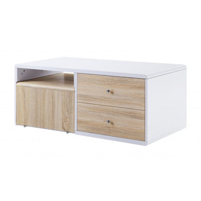 47" White and Natural Wood Frame Coffee Table With Two Drawers