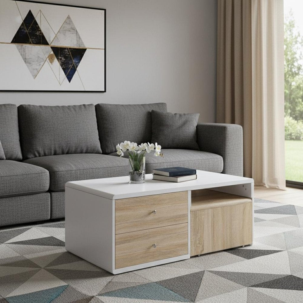 47" White and Natural Wood Frame Coffee Table With Two Drawers