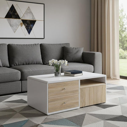 47" White and Natural Wood Frame Coffee Table With Two Drawers