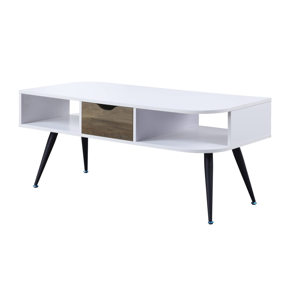 44" White and Black Melamine Veneer And Metal Coffee Table With Drawer And Shelf