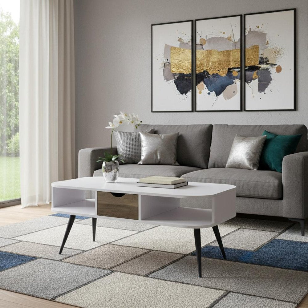 44" White and Black Melamine Veneer And Metal Coffee Table With Drawer And Shelf