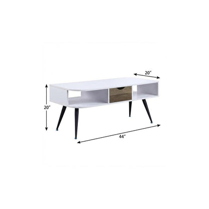 44" White and Black Melamine Veneer And Metal Coffee Table With Drawer And Shelf