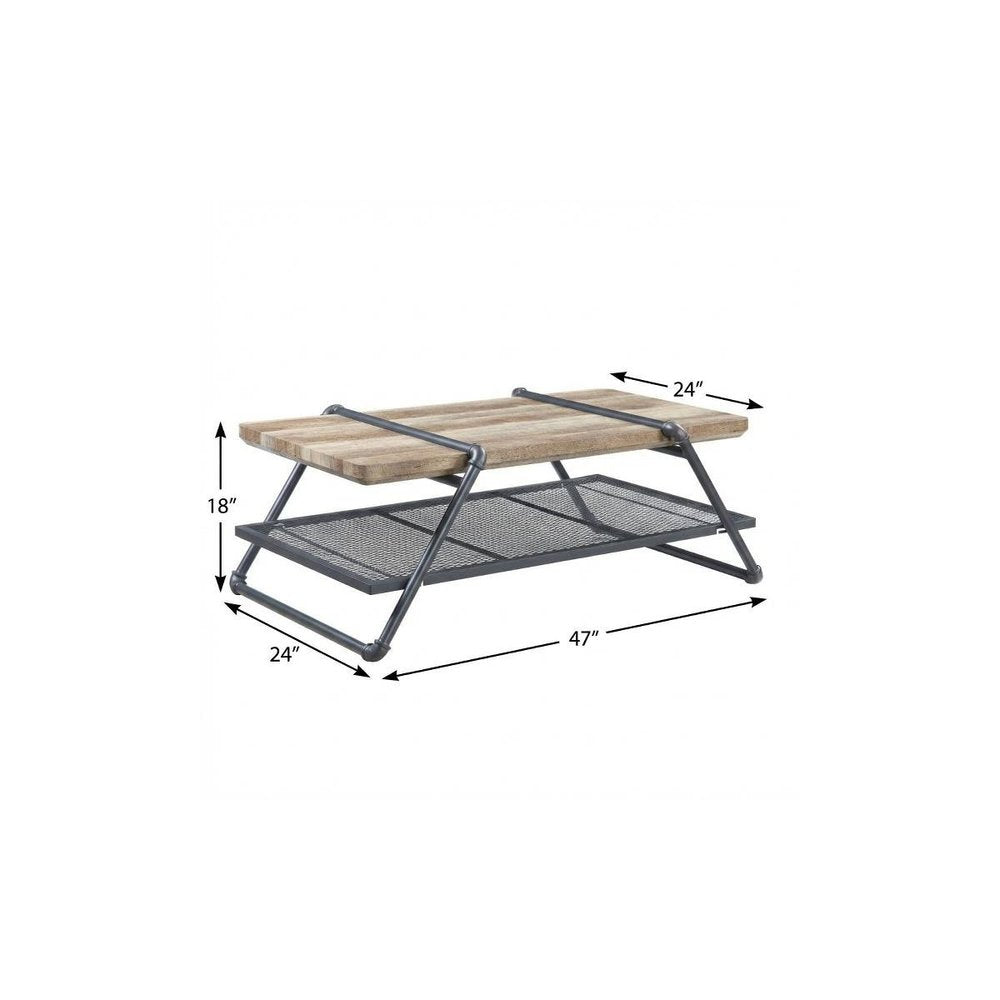 47" Natural and Gray Metal Sled Coffee Table With Shelf