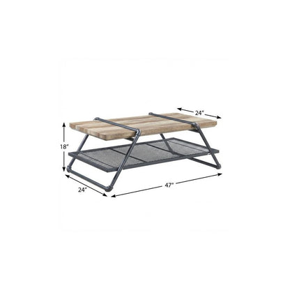 47" Natural and Gray Metal Sled Coffee Table With Shelf