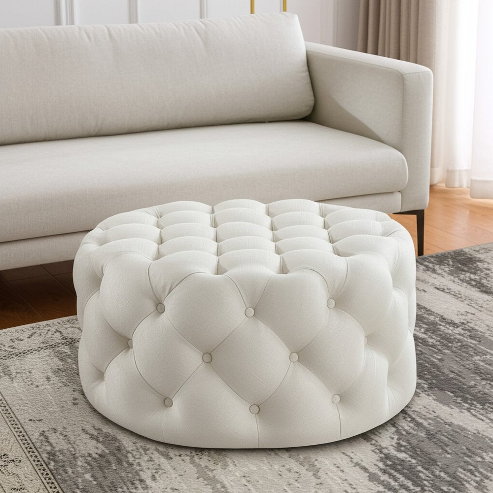 33" White Linen Rolling Tufted Round Cocktail Ottoman