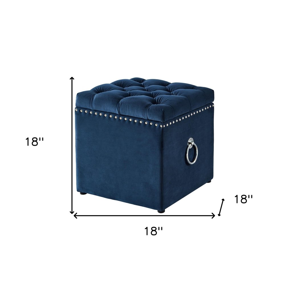 18" Navy Blue Velvet And Black Tufted Storage