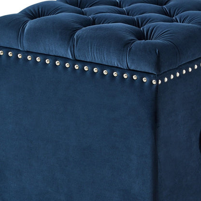 18" Navy Blue Velvet And Black Tufted Storage