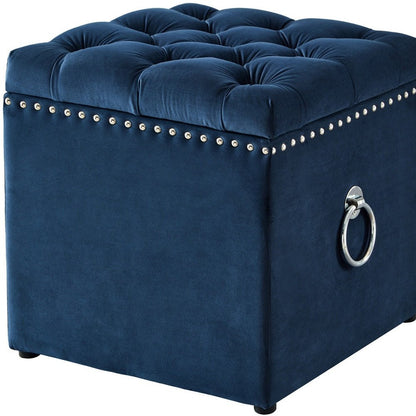 18" Navy Blue Velvet And Black Tufted Storage