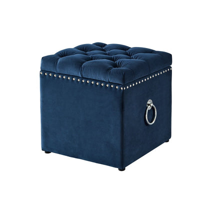 18" Navy Blue Velvet And Black Tufted Storage