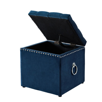 18" Navy Blue Velvet And Black Tufted Storage