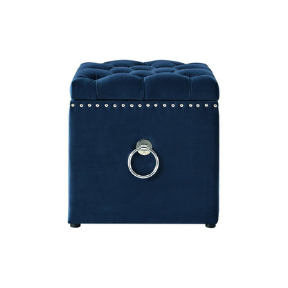 18" Navy Blue Velvet And Black Tufted Storage