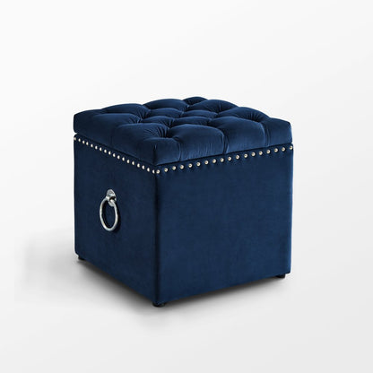 18" Navy Blue Velvet And Black Tufted Storage