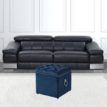 18" Navy Blue Velvet And Black Tufted Storage