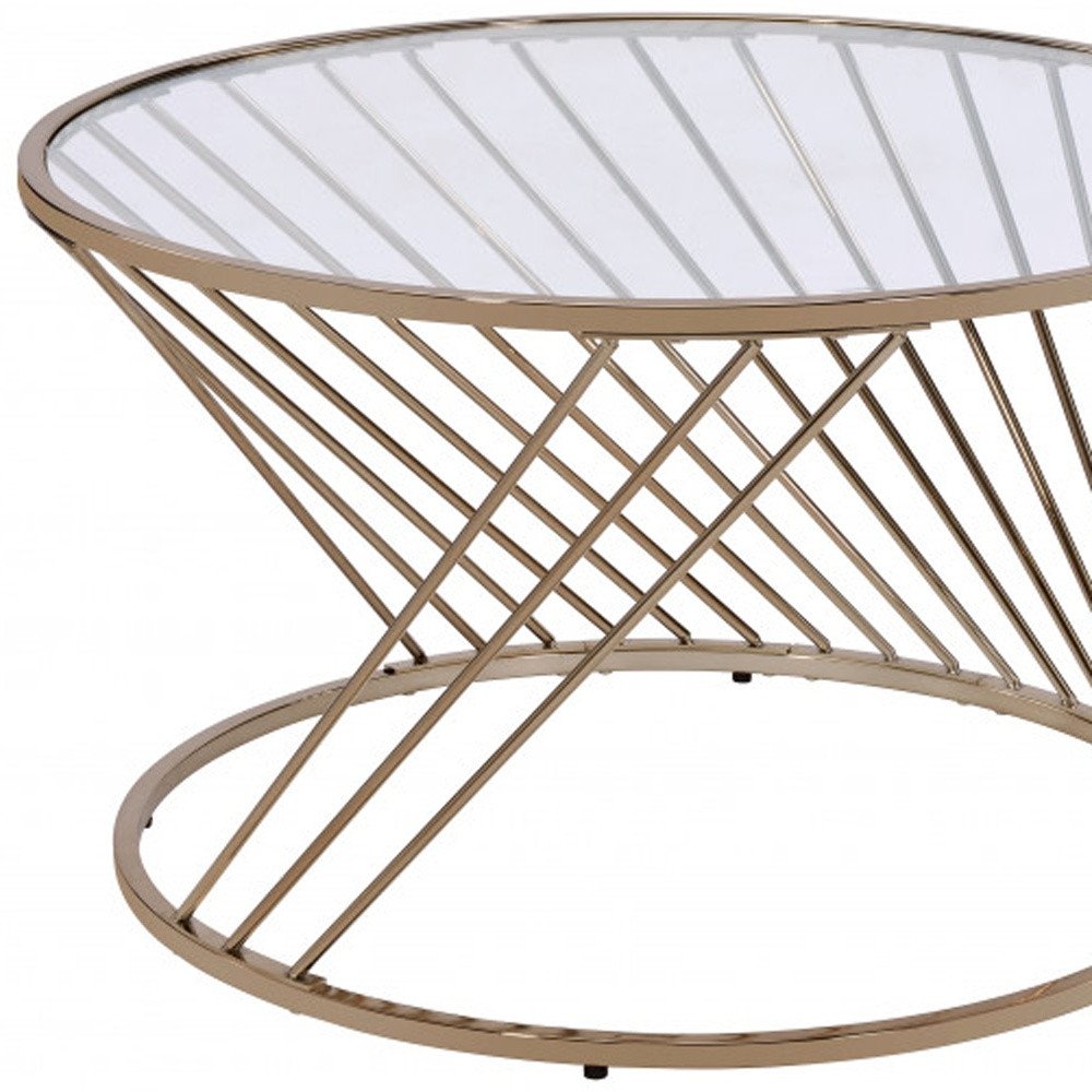 32" Clear and Champagne Glass And Metal Round Frame Coffee Table