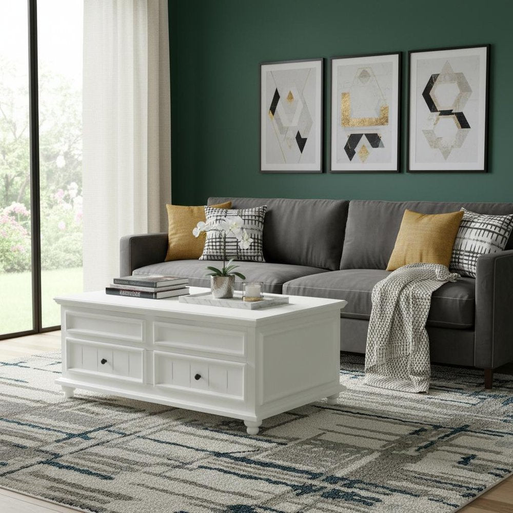 48" White Wood Lift Top Solid Coffee Table With Two Drawers