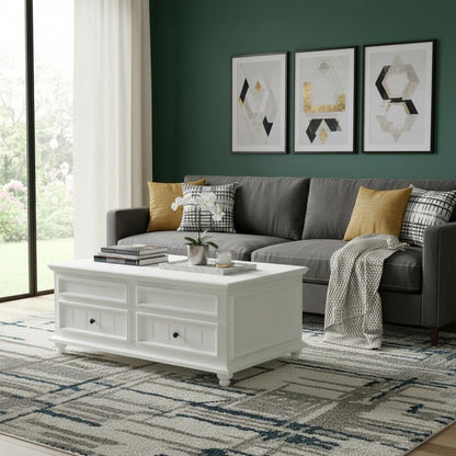 48" White Wood Lift Top Solid Coffee Table With Two Drawers