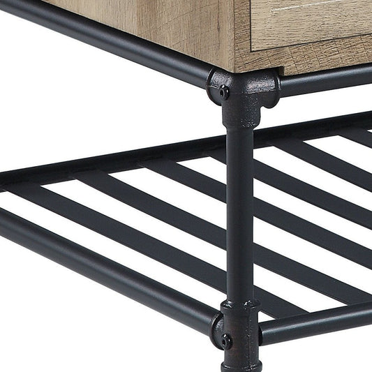 47" Oak and Brown Metal Coffee Table With Two Drawers And Shelf