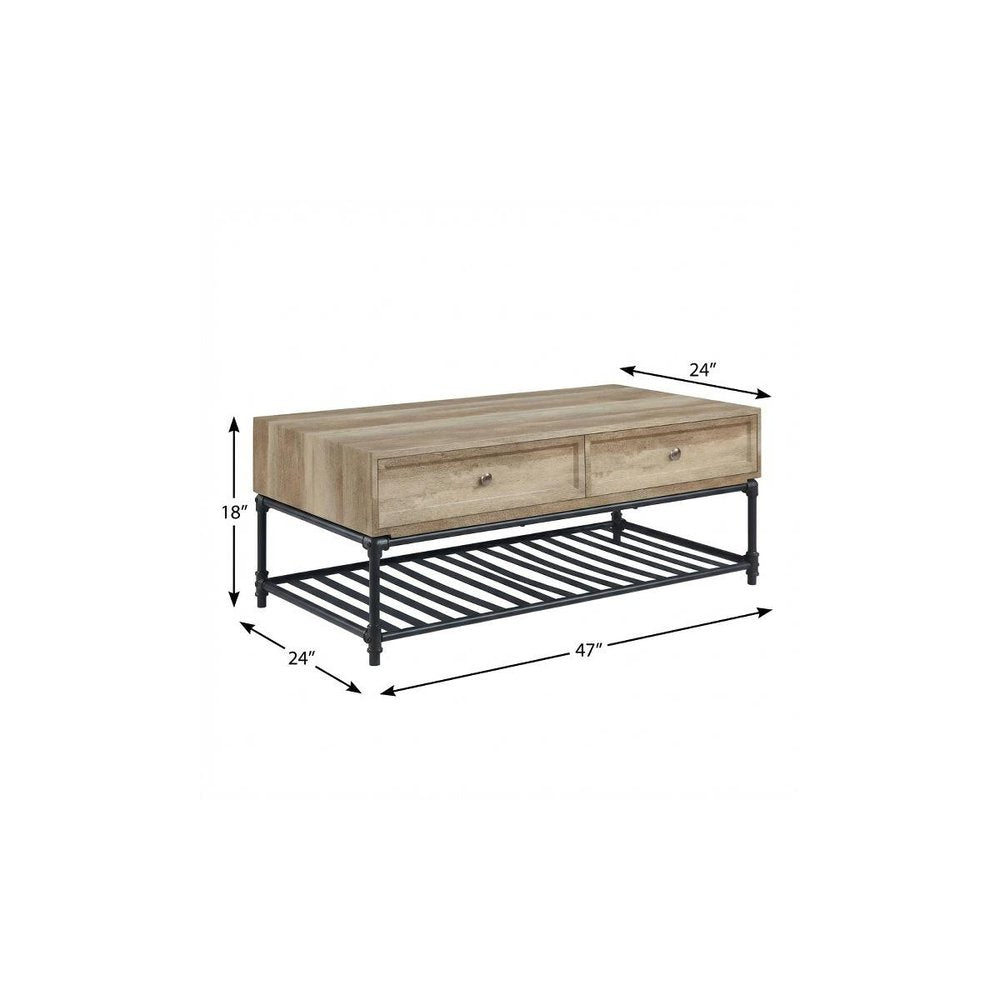 47" Oak and Brown Metal Coffee Table With Two Drawers And Shelf