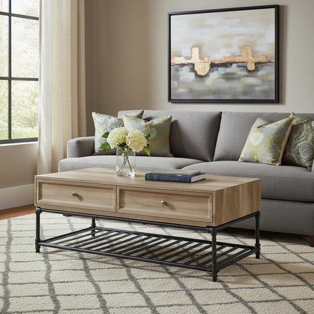 47" Oak and Brown Metal Coffee Table With Two Drawers And Shelf