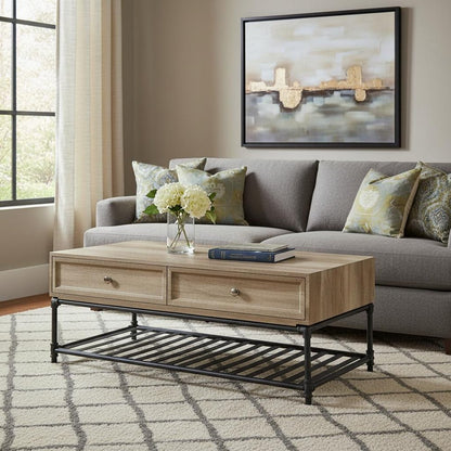 47" Oak and Brown Metal Coffee Table With Two Drawers And Shelf