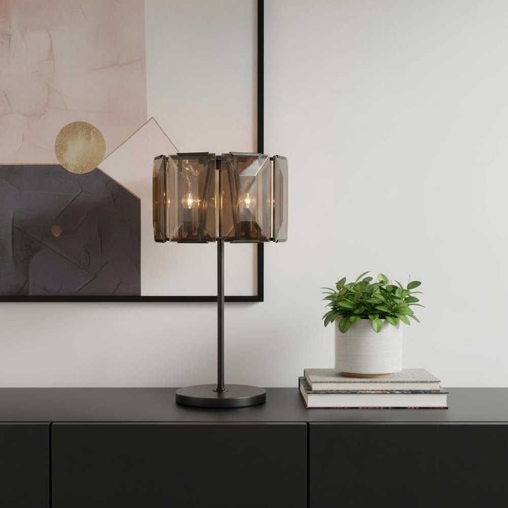 30" Bronze Metal Four Light Cylinder Bedside Table Lamp With Amber Round Shade