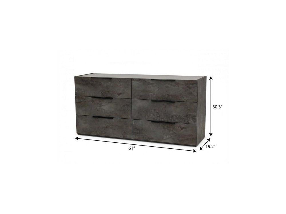 61" Grey Faux Marble Solid Manufactured Wood Six Drawer Double Dresser