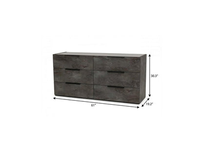 61" Grey Faux Marble Solid Manufactured Wood Six Drawer Double Dresser